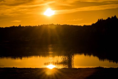 Turuncu günbatımı göl ve orman üzerinde siluet, manzara sonbahar, Polonya