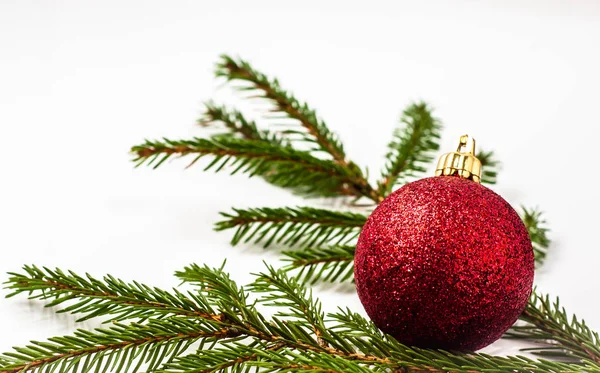 Χριστουγεννιάτικο κλαδί με γυαλί μπάλα που απομονώνονται σε λευκό φόντο — Φωτογραφία Αρχείου