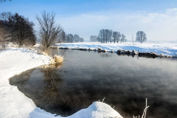 Река в зимнем пейзаже, снег и голубое небо — стоковое фото