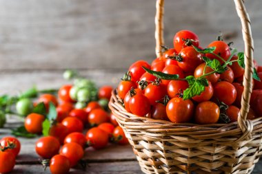 Organik domates, kiraz domates sepeti ahşap masa üzerinde denilen taze üretmek taze yerel çiftçilerin hasat