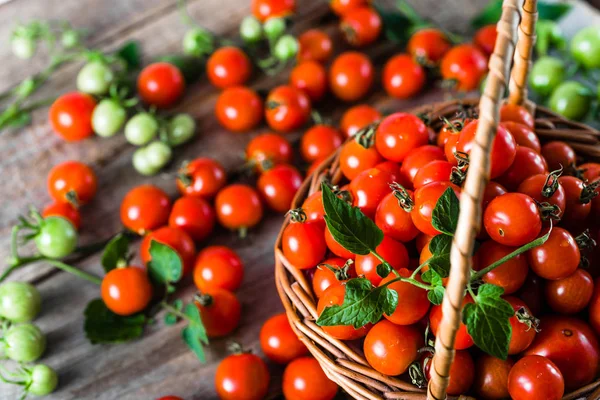 Tomates pequenos chamados tomate cereja em fundo de madeira, legumes orgânicos frescos, produtos locais no mercado do agricultor — Fotografia de Stock
