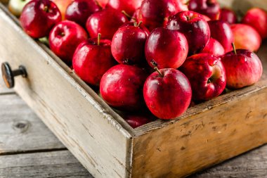 Ahşap kutusunda, rustik arka plan üzerinde taze elma yığını masada kırmızı elmalar