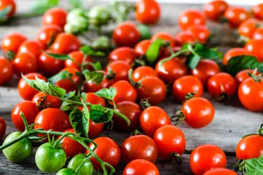 Kiraz domates, closeup tahta masada denilen kırmızı domates taze ürün taze yerel piyasadan Hasat çiftlik