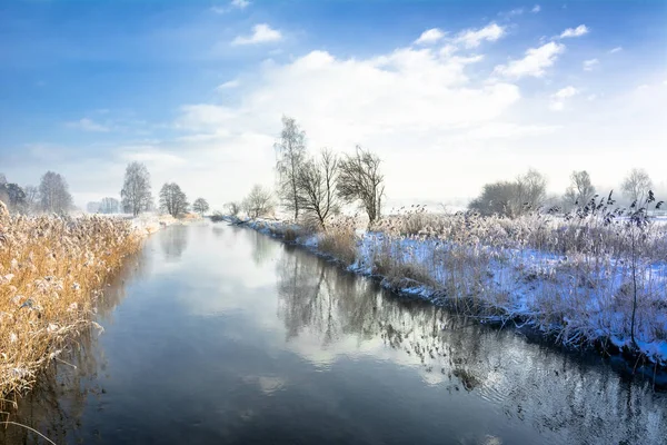 Landskap med flod i våren töar och blå himmel — Stockfoto