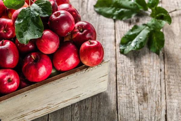 Ahşap kutusunda, rustik arka plan üzerinde taze elma yığını masada kırmızı elmalar