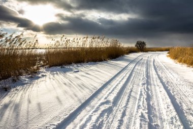 Kış road, peyzaj, karanlık gökyüzü güneş, doğada moody sahne
