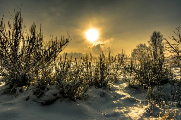 Paysage hivernal avec ciel et soleil, décors lunaires — Photo