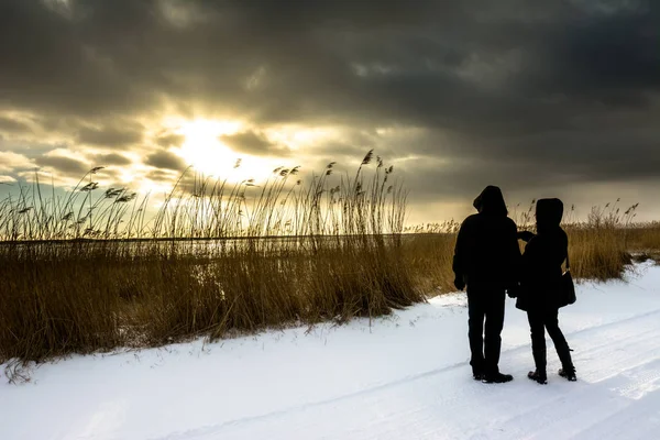 En iyi arkadaş ya da iki Sevgililer günü, göl üzerinde kış gün batımında romantik peyzaj içinde