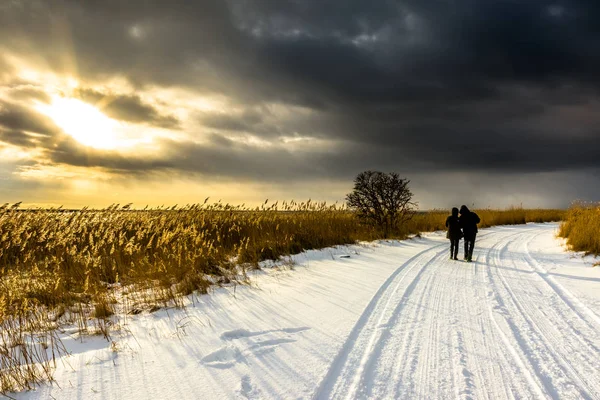 Göl, kış ve günbatımı moody gökyüzü, romantik Sevgililer günü kavramı manzara üzerinde yürüme Çift