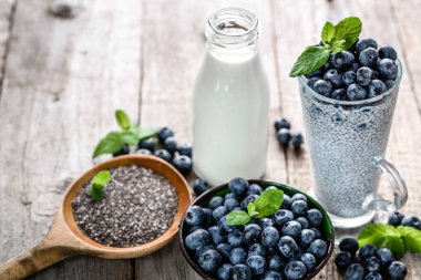Antioksidan chia tohum puding, sağlıklı gıda superfood kahvaltı masasında