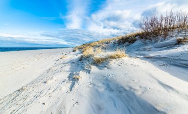 Deniz plaj manzara ve mavi gökyüzü. Kumul çimen, Leba, Baltık Denizi, Polonya ile