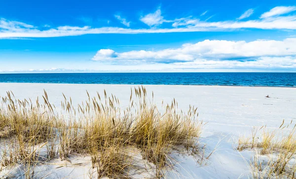 Moře pláž krajiny a modrá obloha. Písečné duny s trávou, Leba, Baltské moře, Polsko — Stock fotografie