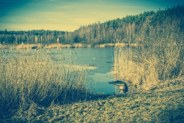 Дикое озеро пейзаж, весенняя оттепель, таяние льда на воде — стоковое фото