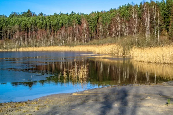 Дикое озеро пейзаж, весенняя оттепель, таяние льда на воде — стоковое фото