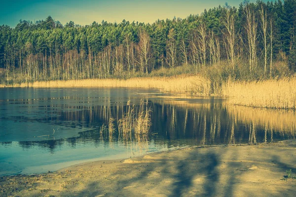 Дикое озеро пейзаж, весенняя оттепель, таяние льда на воде — стоковое фото