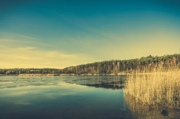 Paisaje salvaje del lago, deshielo primaveral, hielo derretido en el agua —  Fotos de Stock