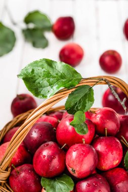 Ahşap masa, sepet beyaz zemin üzerine taze elma yığını üzerinde kırmızı elma hasat kavramı düşmek