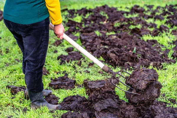 Farmer working on farm. Organic fertilizer for manuring soil, preparing garden for planting in spring, bio farming concept.