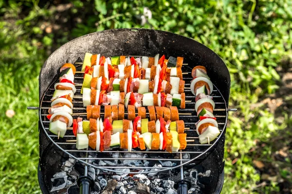 Šašlík na grilu na trávě, špízy s masem a zeleninou, grilování potravin, venkovní grilování na letní zahrádce — Stock fotografie