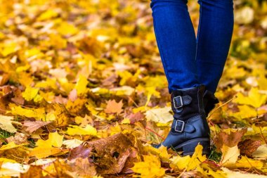 Sonbahar kadın ayakkabı yürüyüş bacaklar yere düşmüş yaprakları