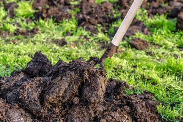 Sterty obornika w koncepcji ogród rolnictwa ekologicznego wiosna — Zdjęcie stockowe