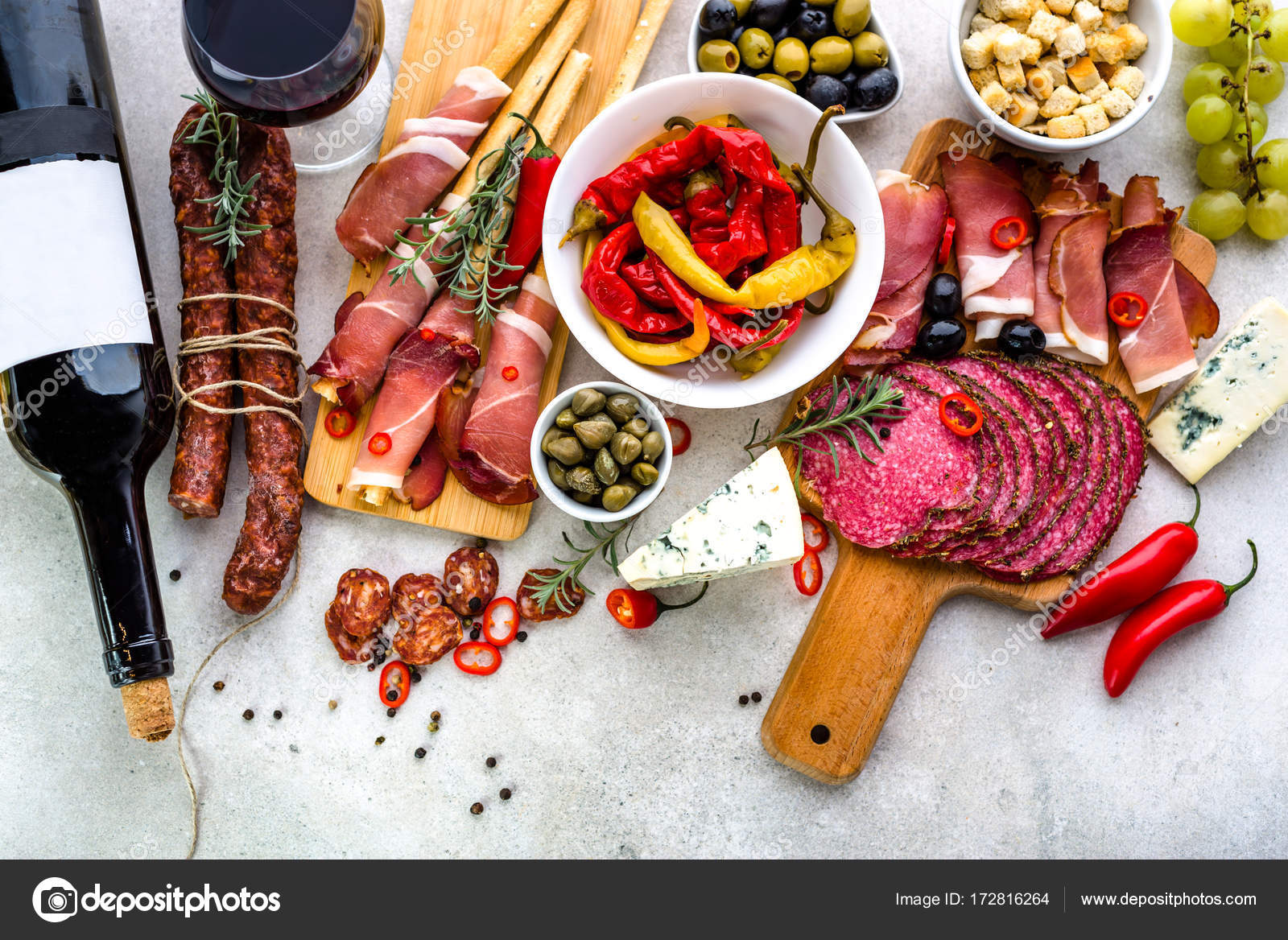 Traditional tapas bar, spanish table with food, platter with appetizers