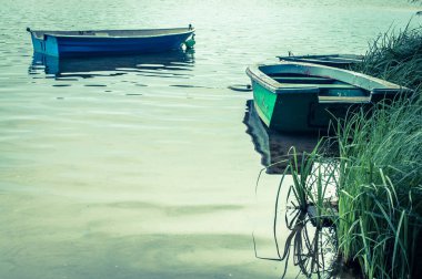 Balıkçı tekneleri Gölü, peyzaj, vintage fotoğraf