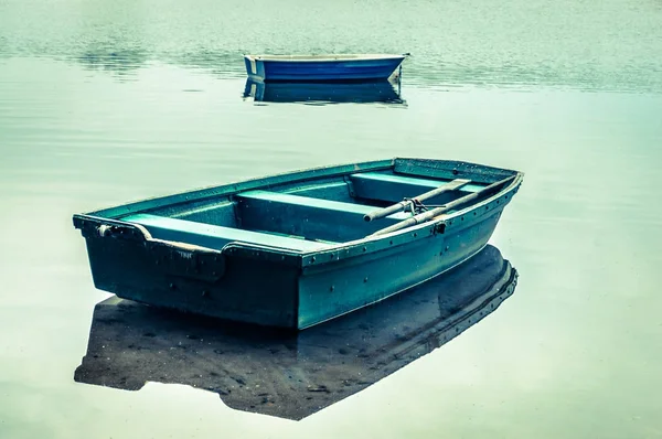 Fishing boats on the lake, landscape, vintage photo — Stock Photo, Image