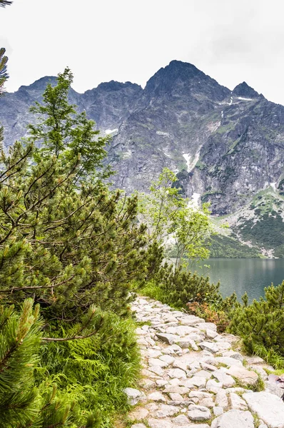 Paesaggio del lago di montagna, Morskie Oko vicino a Zakopane, Tatra Montagne vista in alto sullo sfondo del cielo, Carpazi, Polonia — Foto Stock