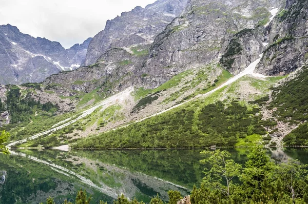 Krajobraz jeziora górskie, Morskie Oko w pobliżu Zakopanego, Tatr widok na zakres na tle nieba, Karpaty, Polska — Zdjęcie stockowe