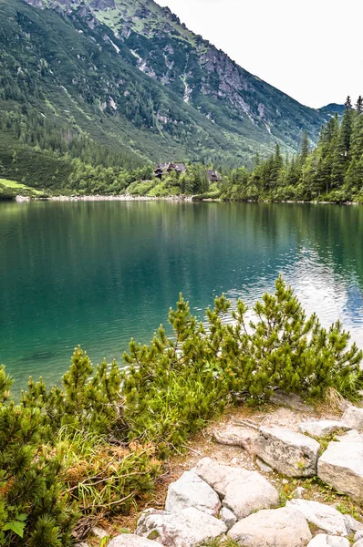 Paesaggio del lago di montagna con acqua limpida di colore smeraldo nelle montagne di Tatra sopra Morskie Oko — Foto Stock