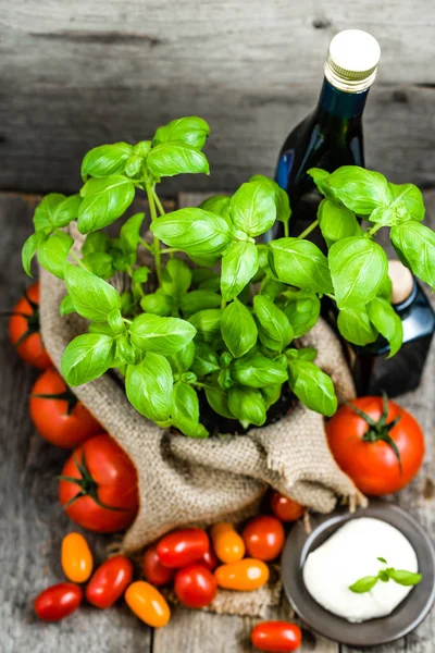 Cucina italiana ingredienti, dieta sana vegetariana, mozzarella, pomodori e basilico fresco, erbe verdi in cucina — Foto Stock