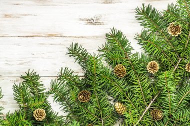 Çam kozalakları ahşap zemin üzerine yeşil Noel ağacı dalı süslenmiş