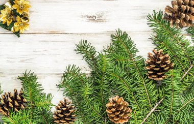 Çam kozalakları ahşap zemin üzerine yeşil Noel ağacı dalı süslenmiş