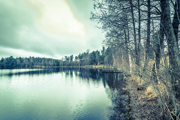 Paisaje del lago con paisaje romántico bosque sobre la superficie del agua tranquila, foto vintage — Foto de Stock