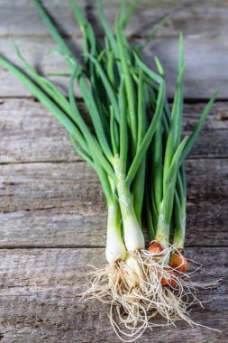 Ahşap masa, yerel Market organik sebze üzerinde yeşil soğan demet