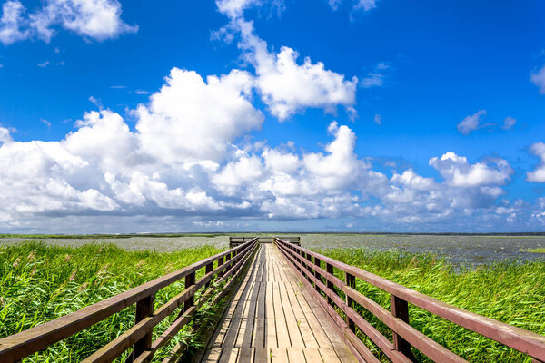 Пейзаж озера в отпуск солнечный день, живописный вид на пирс с деревянной палубой для рыбалки
