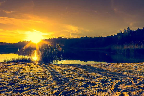 Летний пейзаж с закатом на озере. Оранжевый закат или восход солнца над лесом и мирной водой с солнечным светом, теплые пейзажи на природе . — стоковое фото