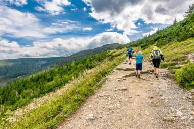 Zakopane, Polonya - 16 Ağustos 2016: Grup Tatra Dağları, turistik seyahat kavramı doğa yürüyüşü hiking trail, üzerinde yürüyüşçü
