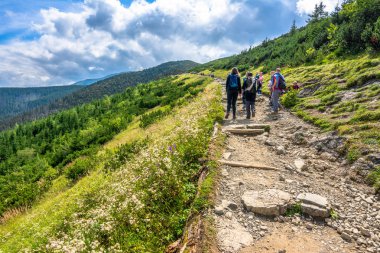 Zakopane, Polonya - 16 Ağustos 2016: Grup Tatra Dağları, turistik seyahat kavramı doğa yürüyüşü hiking trail, üzerinde yürüyüşçü