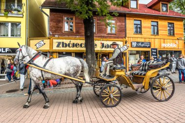 Zakopane, Polonya - 17 Ağustos 2016: Zakopane, şehir merkezi turizm sezonunda. Arabacı turist için bekleyen Krupowki sokakta harnessed atı ile