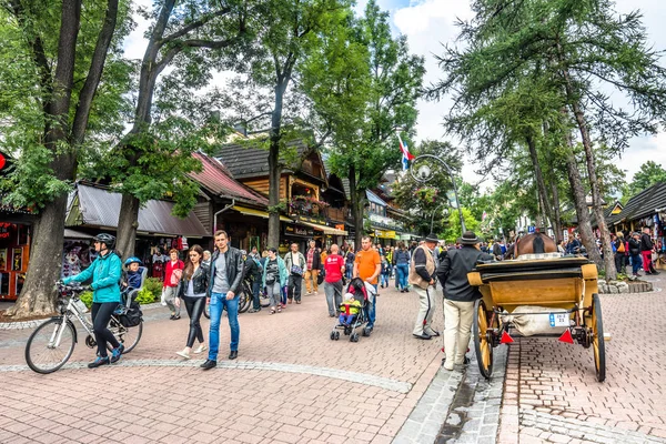 ZAKOPANE, POLONIA - 17 de agosto de 2016: Temporada turística en Zakopane, recreación turística en la calle Krupowki. Transporte con cochero y caballo arnés —  Fotos de Stock