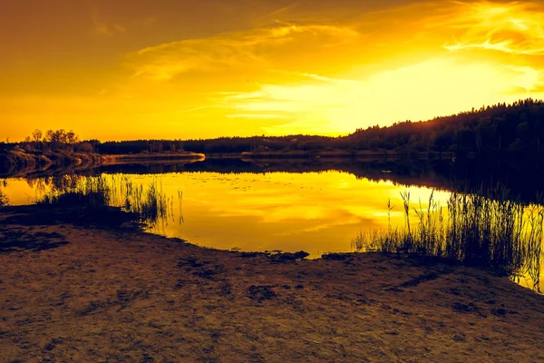 Paisaje de verano con puesta de sol en el lago. Hermosa puesta de sol naranja o salida del sol sobre el bosque y el agua pacífica con reflejo de la luz del sol, paisajes cálidos en la naturaleza . — Foto de Stock