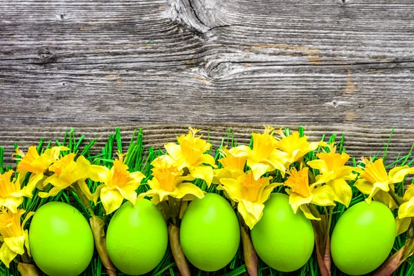 Œufs de Pâques, fond avec des œufs colorés et des jonquilles sur une table en bois — Photo