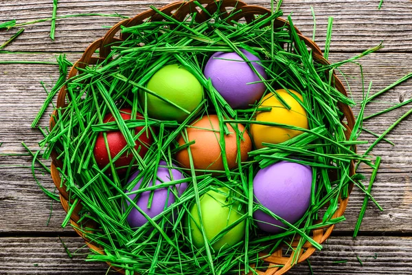 快乐复活节彩蛋在巢与草, 蛋背景 — 图库照片
