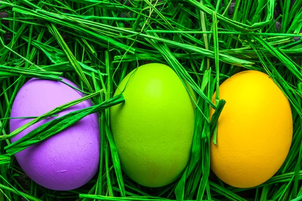 复活节彩蛋在草地上, 五颜六色的鸡蛋, 背景 — 图库照片