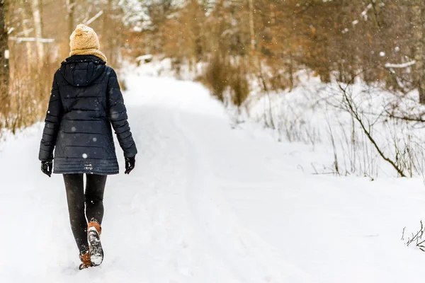 Woman Walking Snow Winter Girl Snowy Road Forest Stock Photo by