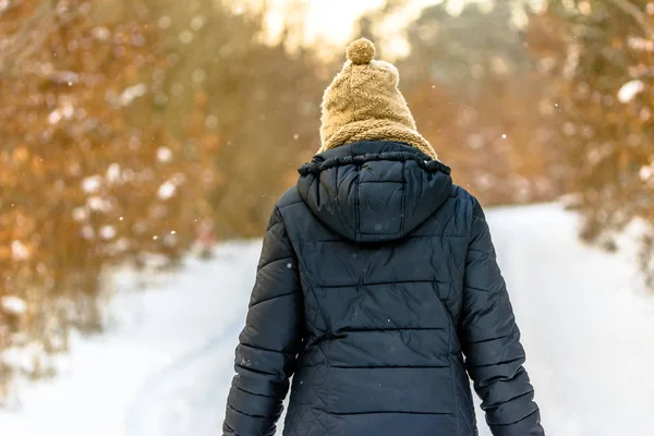 Kış Karda Yürüyen Kız Park Arkadan Görünüm Siyah Ceketli Kadın — Stok fotoğraf