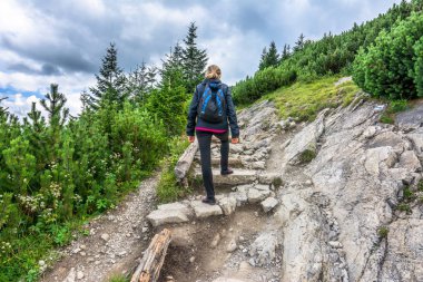 Dağlar, seyahat yaşam tarzı ve açık havada aktif tatiller hiking sırt çantası ile kadın uzun yürüyüşe çıkan kimse