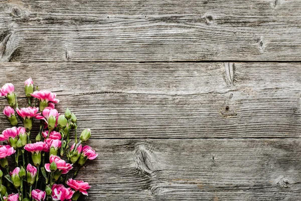 Fiori Chiodi Garofano Rosa Primaverili Freschi Bouquet Sfondo Rustico Legno — Foto Stock